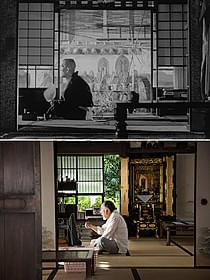 「東京物語」(上)のひとりになった周吉と、 同じ場面の「東京家族」(下)「東京物語」