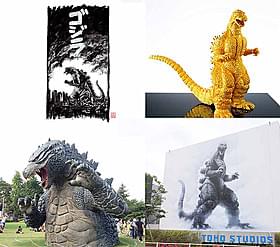 都内各所に出現しているゴジラ (上段左から)浦沢直樹氏が描いたゴジラ、「G博」の純金ゴジラ像 (下段左から)東京ミッドタウンのオブジェ、東宝スタジオの壁画「ゴジラ」