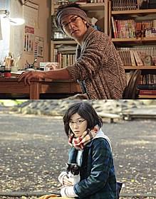 風間俊介と共演するつるの剛士(上)と ヒロイン役の若手女優・松岡茉優「猫なんかよんでもこない。」