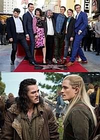 (上)セレモニーでのジャクソン監督と俳優たち (下)映画「ホビット 決戦のゆくえ」の一場面「ホビット 決戦のゆくえ」