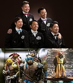 (上)RIP SLYME(左下)ビートボックスをするタートルズ (右下)タートルズの師匠スプリンター「ミュータント・タートルズ」