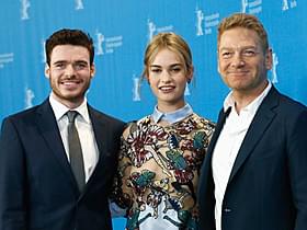 「シンデレラ」ケネス・ブラナー監督(右)と、 シンデレラ役のリリー・ジェームズ、王子役のリチャード・マッデン「シンデレラ」