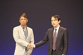 エイベックス代表取締役社長・千葉龍平氏(左)と NTTドコモ取締役常務執行役員・中山俊樹氏「ニュー・シネマ・パラダイス」