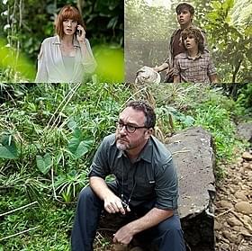 撮影中のコリン・トレボロウ監督(写真下)とキャスト陣「ジュラシック・ワールド」