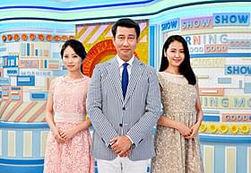 「グッドモーニングショー」に出演する中井貴一(中央) と女子アナ役の長澤まさみ(右)&志田未来「グッドモーニングショー」