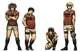 アニメ「ALL OUT!!」主要キャラクターの設定画 (左から)赤山濯也、八王子睦、祇園健次、岩清水澄明
