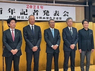 左から高橋社長、松岡社長、島谷映連会長、吉村社長、夏野社長