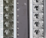 左から「わらじ片っぽ」画ネガ、音ネガ、上映用ポジ。音ネガと上映用ポジの右端にある2本の波状のものが、音声を光学信号に変換して記録したモジュレーション
