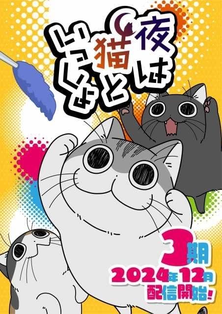 「夜は猫といっしょ」第3期は12月配信開始 メインビジュアルにキュルガ、チクワ、コンブの猫3匹が登場