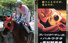 スパイダーマンのメンコを装着した馬（左）と 場内に設置されていた看板（写真：照屋盛義）