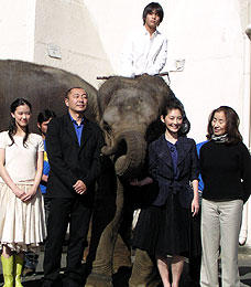 象にまたがった柳楽と出演者ら （前列左より）蒼井優、高橋克実、常盤貴子、倍賞美津子