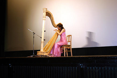 「夕凪の街 桜の国」 7月19日 特別試写会舞台挨拶 舞台挨拶前に行われた、テーマソングのハープ演奏