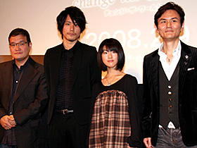 Lが世界を変える？ （左から）中田秀夫監督、松山ケンイチ、福田麻由子、南原清隆
