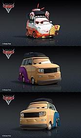 (上から)新キャラクターのオクニ(仮)、 キングピン・ノブナガ(仮)、 ピニオン・タナカ(仮)「カーズ2」