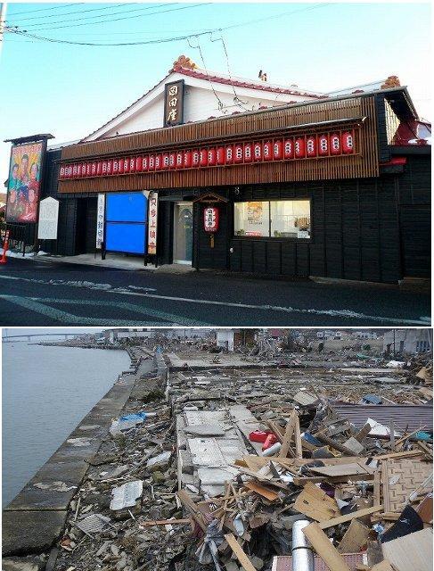石巻市の岡田劇場、被災前後の画像