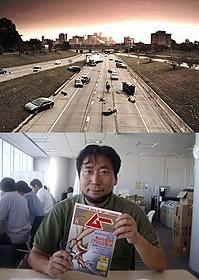 人類が消えた劇中の一場面(上)と “人類消失の真実”を明かした「ムー」編集長の三上丈晴氏(下)「リセット」