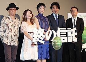 舞台挨拶に立った周防義和氏、種ともこ、 草刈民代、役所広司、周防正行監督「終の信託」