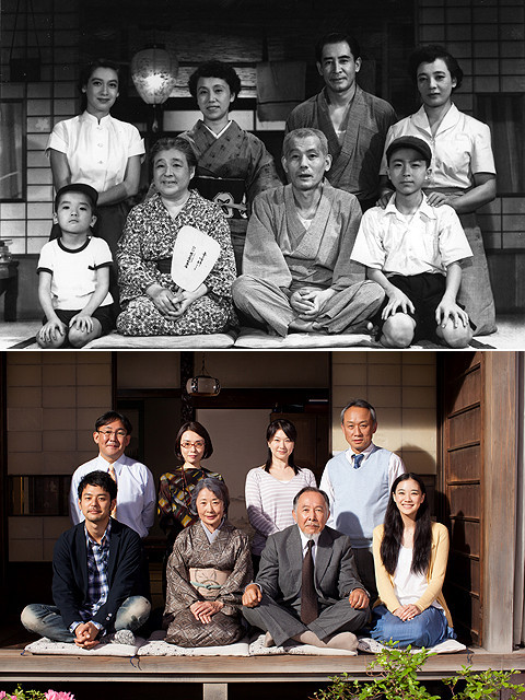 「東京物語」（上）の家族写真と、「東京家族」の写真（下）