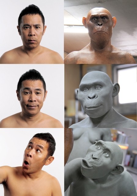 撮影時の岡村隆史と復元途中の猿人の顔 （上から父親、母親、子どもの表情）