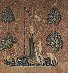 タピスリー《貴婦人と一角獣「触覚」》、1500年頃、フランス国立クリュニー中世美術館蔵