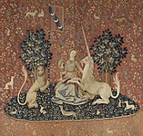 タピスリー《貴婦人と一角獣「視覚」》、1500年頃、フランス国立クリュニー中世美術館蔵