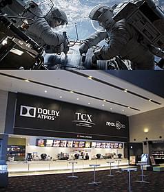 「ゼロ・グラビティ」の場面写真(上)と TOHOシネマズららぽーと船橋(下)「ゼロ・グラビティ」