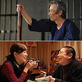 (写真上)「太秦ライムライト」の福本清三 (写真下・右)「福福荘の福ちゃん」で男役を演じた大島美幸「太秦ライムライト」