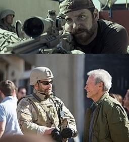 (上)「アメリカン・スナイパー」の一場面 (下)撮影中のイーストウッドとブラッドリー・クーパー「アメリカン・スナイパー」