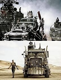 荒野を走るギガホース(上)とウォー・タンク(下)「マッドマックス 怒りのデス・ロード」