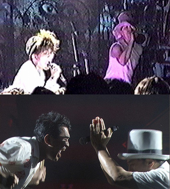 電気グルーヴの1989年の初ライブ（上段）と 2014年のフジロックのステージ写真（下段）