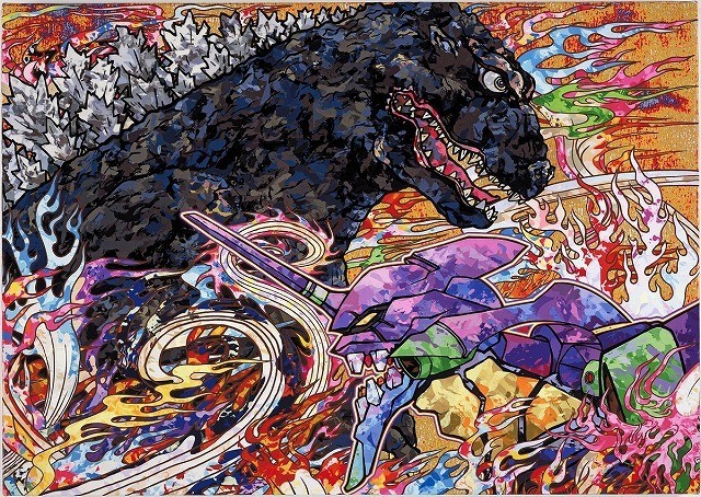 村上隆が描く「ゴジラ対エヴァンゲリオン」新ビジュアル披露！日本画タッチでにらみ合い