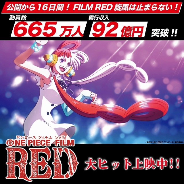 「ONE PIECE FILM RED」公開16日間で興収92億円＆動員665万人！　興収100億円突破目前
