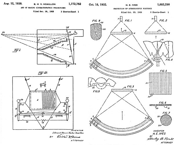 【図3】ノエイロンの振動式パララックス・バリア（左）、 【図4】アイブスのレンチキュラー式裸眼立体映画システム