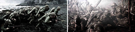 左：上陸するアメリカ兵（「父親たちの星条旗」より） 右：迎え撃つ日本軍（「硫黄島からの手紙」より）